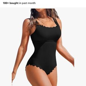 Elegant Black Scalloped Women Swim One Piece
